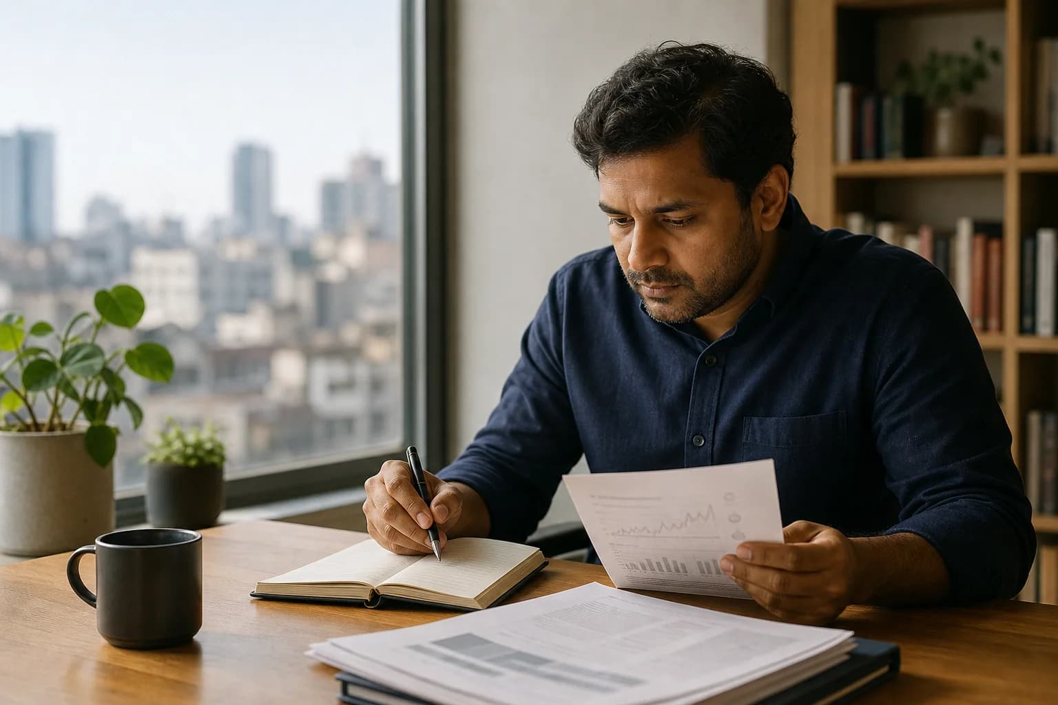 A researcher working through financial evidence beside a city window.