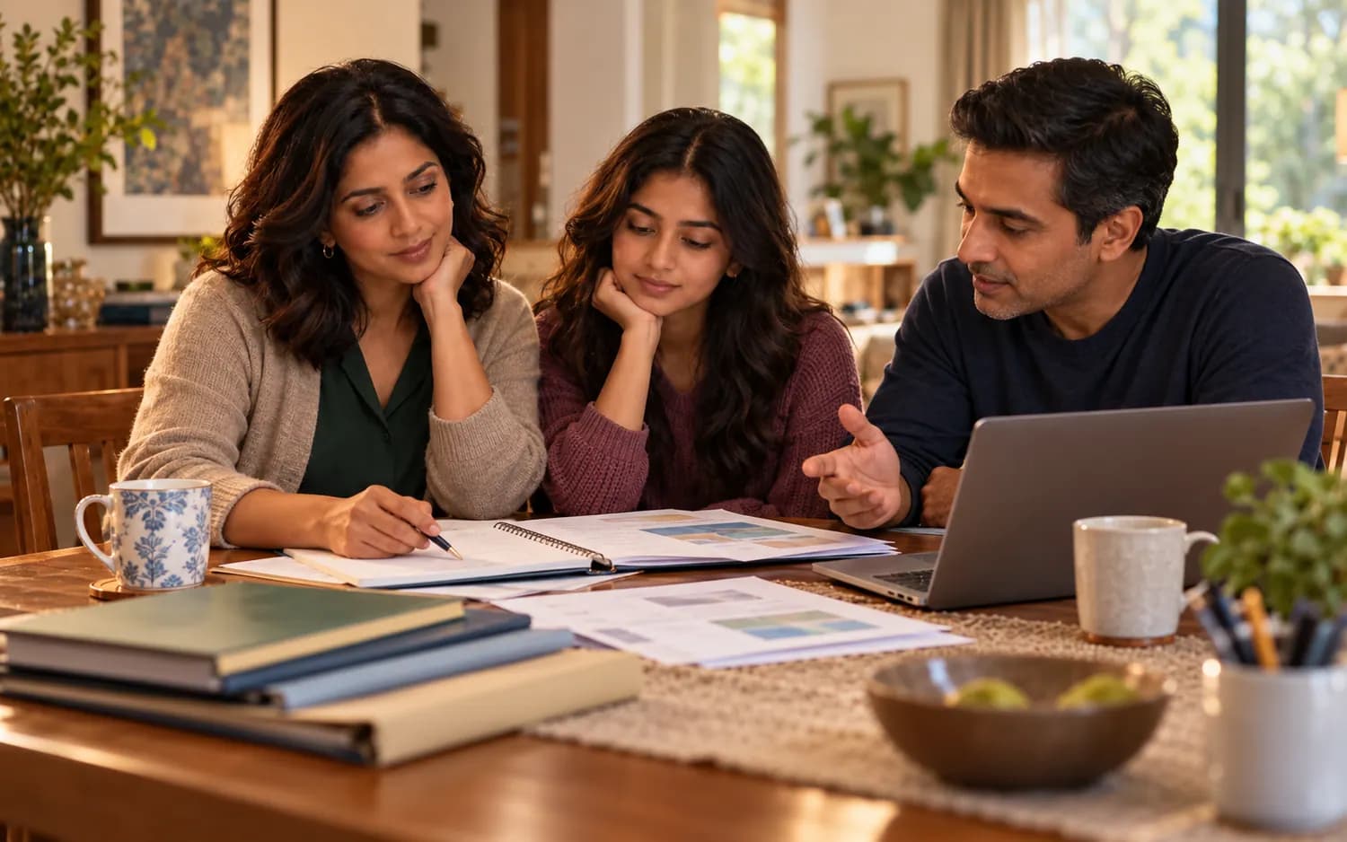 Illustrative family discussing education alongside their other financial goals.