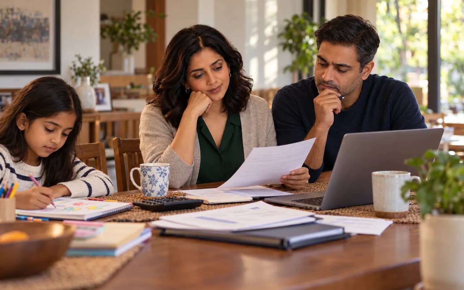 Illustrative parents reviewing education costs while their daughter draws nearby.