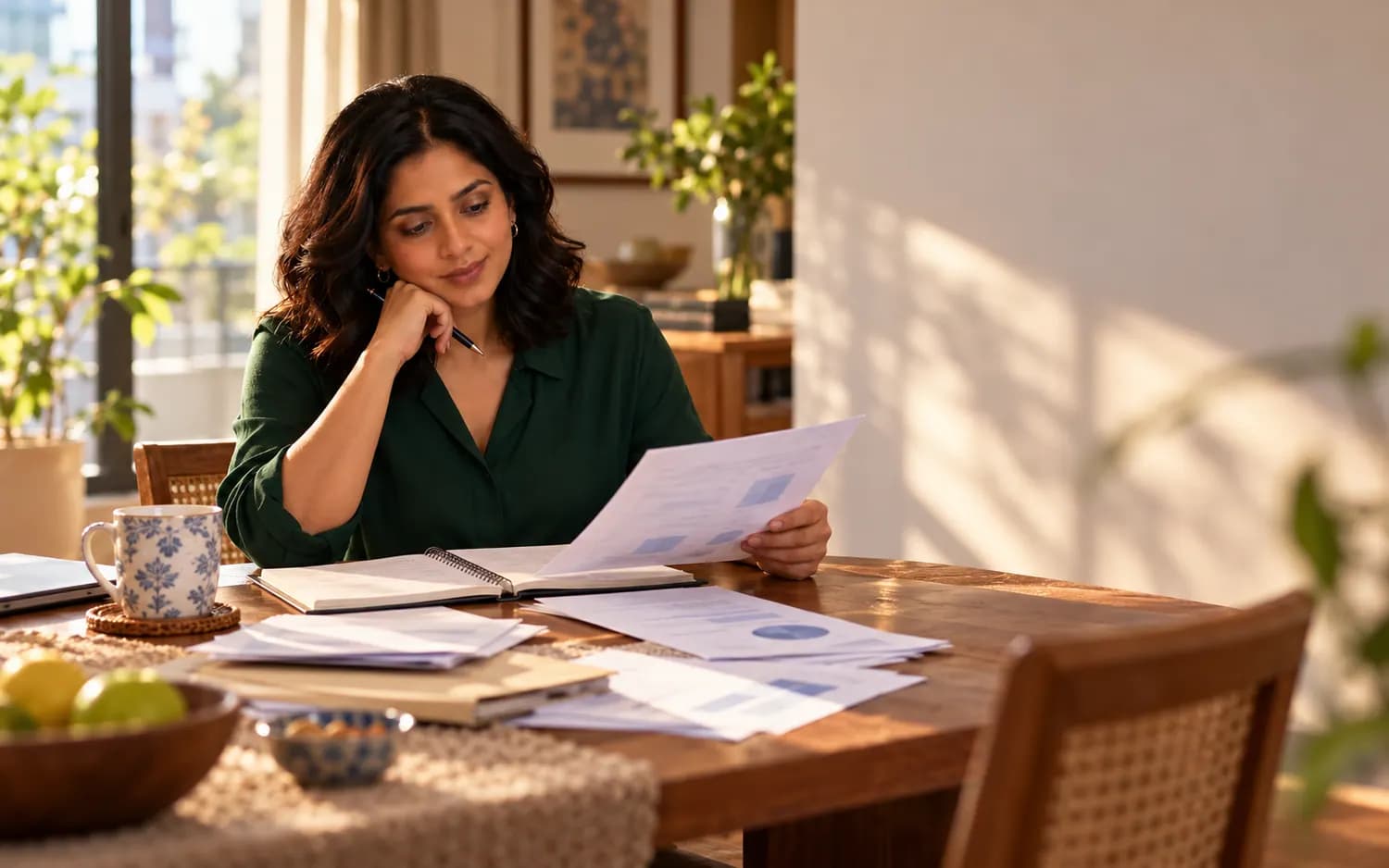 Illustrative professional reviewing household bills at home.