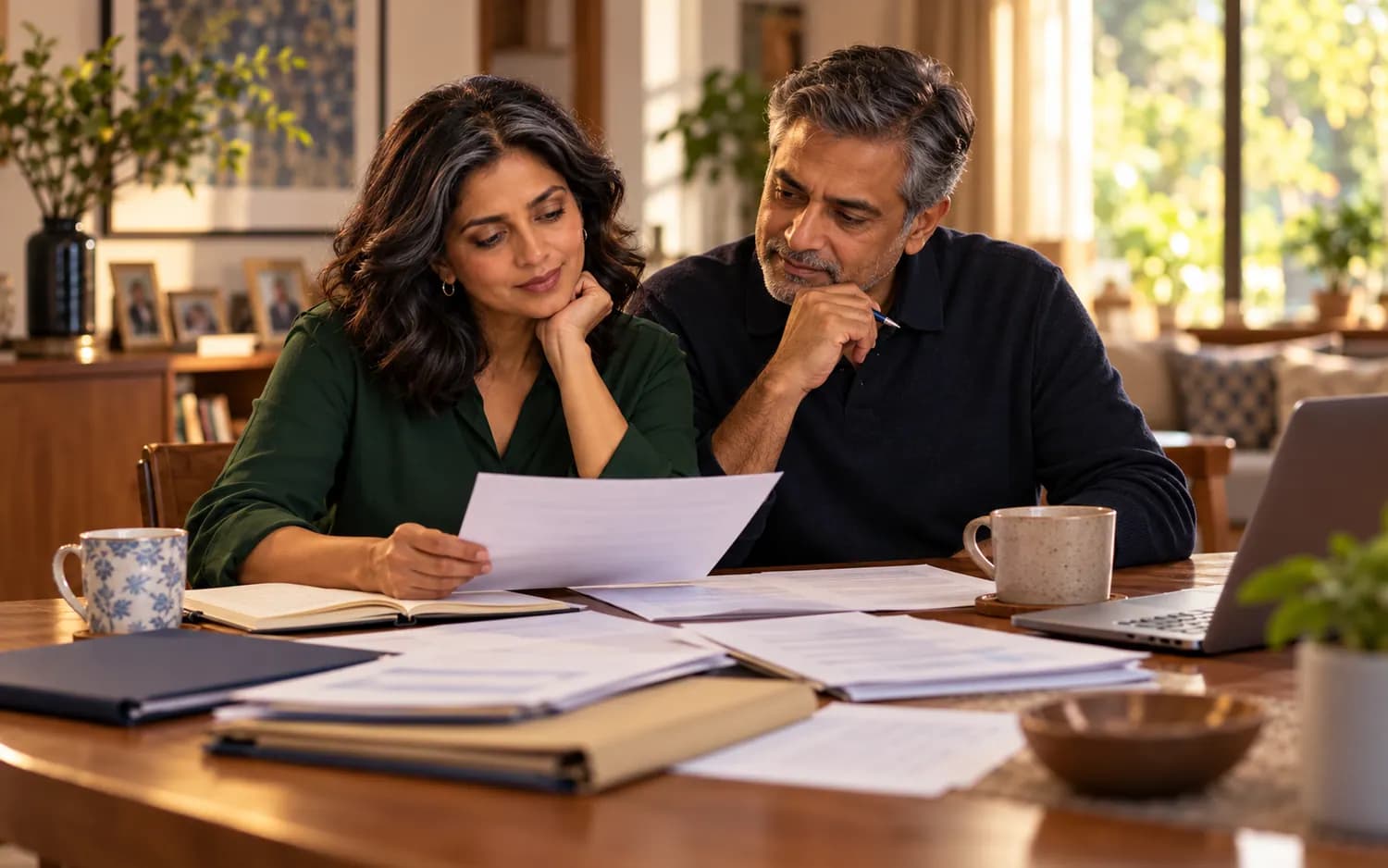 Illustrative couple reviewing retirement and family papers at home.