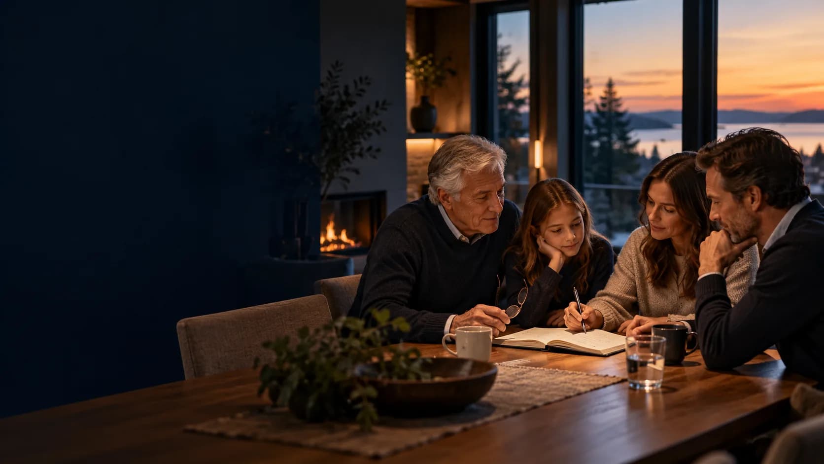 An illustrative family considering the decisions ahead together at home.