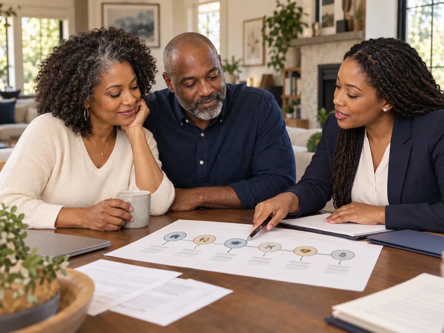 An adviser and a couple reviewing a life milestone plan together at home.