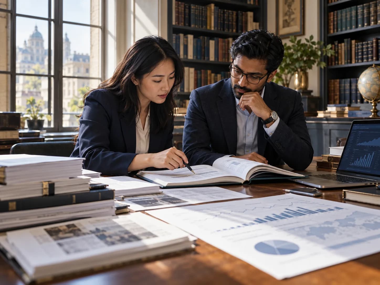 Two analysts reviewing financial reports and charts in a research library.