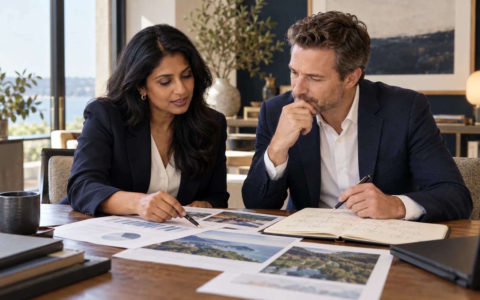 Professionals reviewing financial research together.